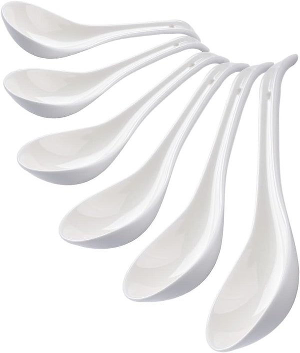 Porcelain Soup Spoons Set of 6, 6.6 Inch Ceramic Chinese Soup Spoons for Asian Ramen