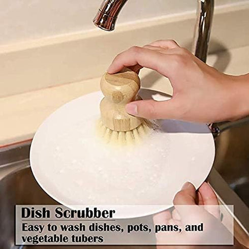 Palm Dish Brush - Bamboo Full Circle Dish Brush 3 Packs, Mini Pot Brush Natural Scrubber Cleaning Kit for Pots and Pans