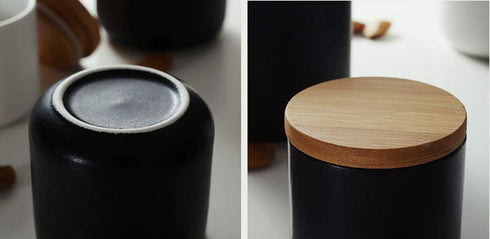 Ceramic Pure Color Sugar Bowl, Spice Jar Storage Pot with Wooden Lid