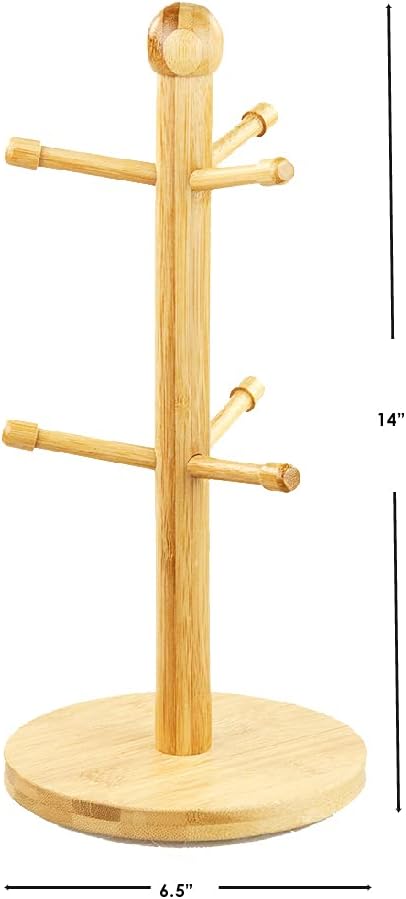 Home Basics Bamboo Mug Tree, Holds Up to 6 Coffee Cups, Free Standing Circular Base for Kitchen Countertop, Beige