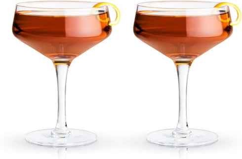 Viski Raye Set of 2 Angled Stemmed Crystal Coupe Cocktail Glasses, 7oz, Drinkware Set