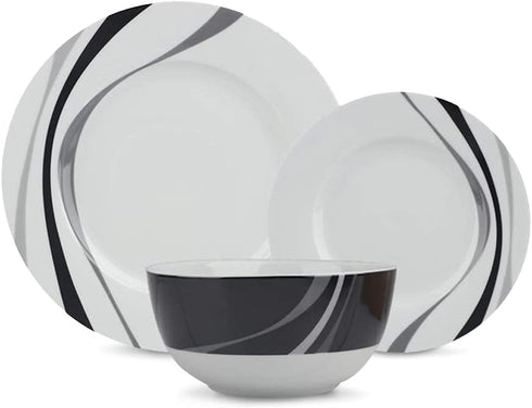 18-Piece Set, 6, Amazon Basics Complete Kitchen Dinnerware Microwave and Dishwasher Safe, Plates, Dishes, Bowls, Swirl