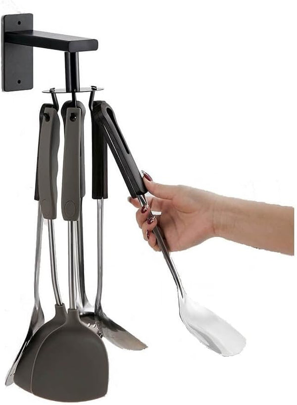 Kitchen Cooking Tool Utensil Holder, iNenya Black Rotating Spatula Holder with 6 Hooks for Hanging