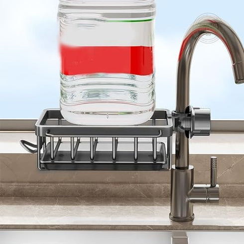 Kitchen Sink Faucet Organizer, Space Aluminum Rustproof Dish Sponge Holder with Divider and Drip Tray for Kitchen