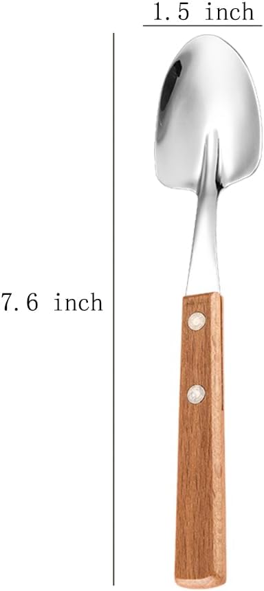 Retro Wooden Handle Spoon,Shovel Shape Stainless Steel Spoons,Ice Cream Fruit Spoon, Silver Silverware With Brown Handle, 4 Pcs.
