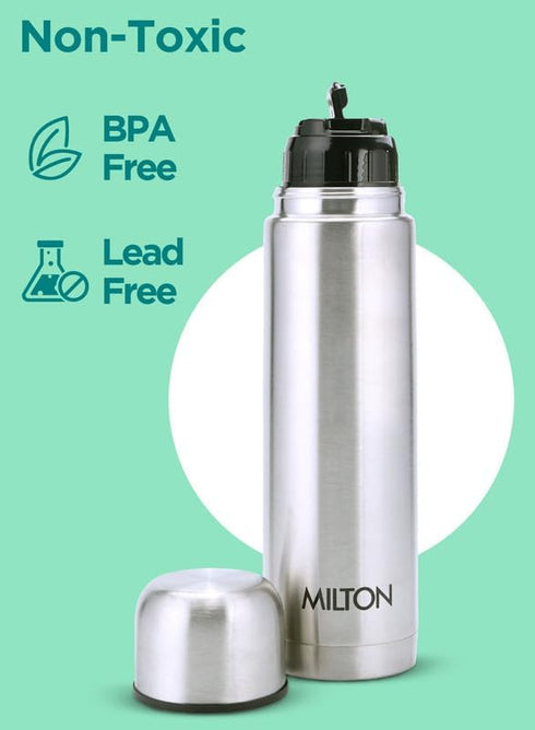 Milton Thermosteel 1000 ml Flip Lid, Double Walled Vacuum Insulated Thermos | 34 oz | 1 Ltr | Silver, BPA Free
