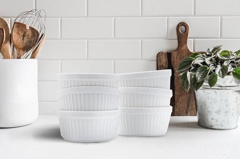 Nuwave Ceramic Ramekins 8 oz, Set of 6, Elegant Style for Baking Souffles, Custards, Puddings, 4.3” Wide & 2” Tall,