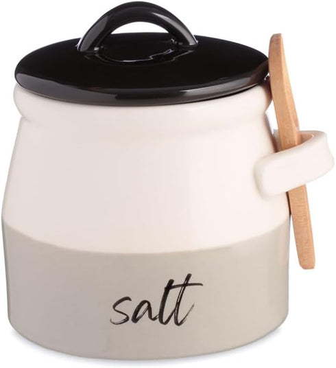 Keika Collective Salt Cellar with Lid and Spoon 10 oz - Handmade Ceramic Salt