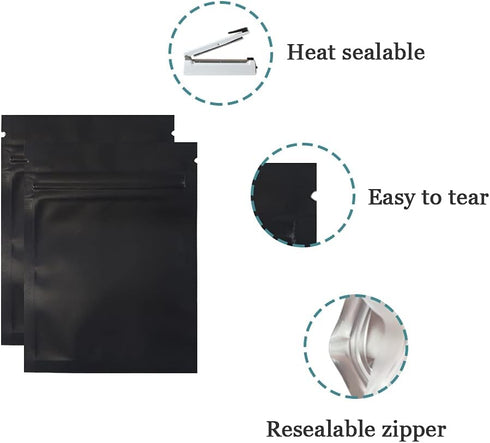 PABCK 100 Pcs Matte Black Resealable Foil Zipper Lock Pouch - 4.7x7 inch for Food Storage Bags