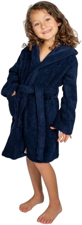 9-12 BAGNO MILANO Kids Organic Turkish Cotton Hooded Beach Cover-Up Towel, GOTS Certified, for Boys and Girls (Navy