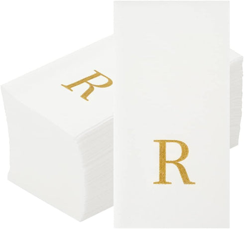 15.8 7.9 Inch 50 Luxenap X Linen-Feel Guest Towels, Lettered Hand Towels - Gold Letter 'R', Sans Serif Font, White