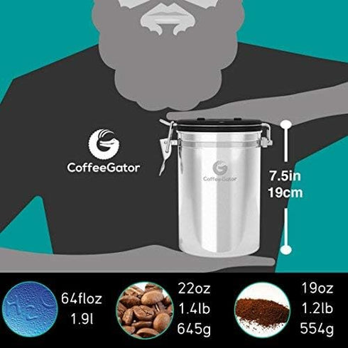 Coffee Gator Coffee Canister, 22oz, Airtight Stainless Steel Kitchen Food Storage Container, Silver, with Date Tracker