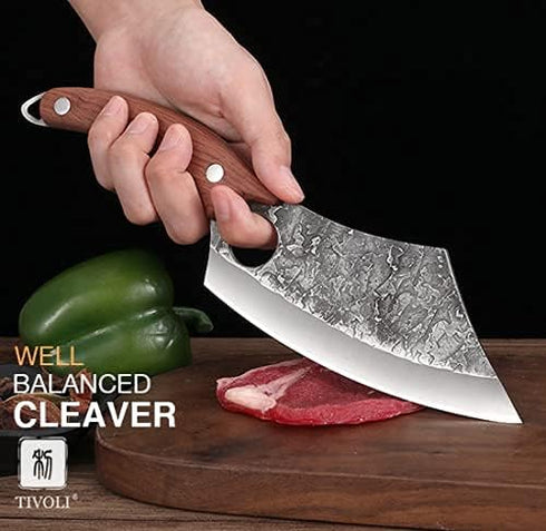 TIVOLI Meat Cleaver Knife, Hand Forged Full Tang Butcher Knife for Meat Cutting, High Carbon Steel with Sheath