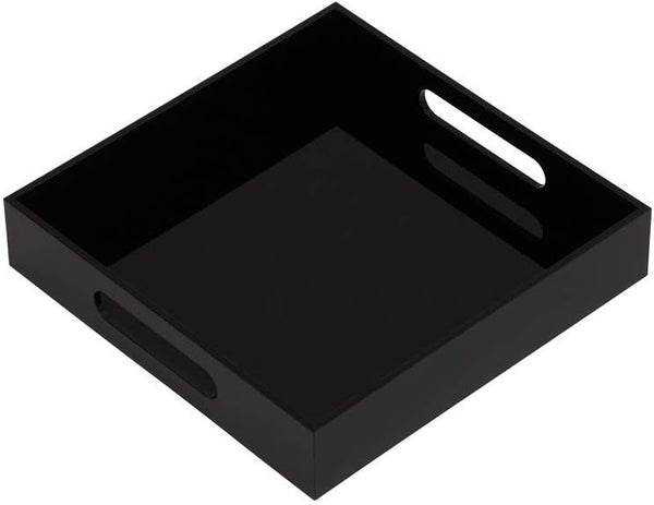 KEVLANG Glossy Black Sturdy Acrylic Serving Tray with Handles-10x10Inch-Serving Coffee,Food,Breakfast,Butler-Kitchen Countertop Tray-Makeup