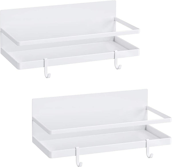 Magnetic Spice Rack, 2 Pack White Strong Magnetic Shelf with 4 Removable Hooks, Perfect Space Saver for Small Kitchen