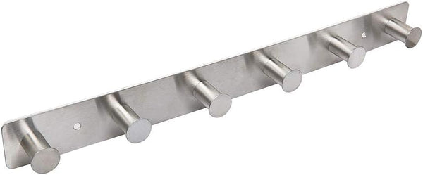 Wall Mounted Coat Rack with Stainless Steel Metal Hooks, Adhesive & Screw-in, 6 Round Hangers for Hanging Towels Clothes