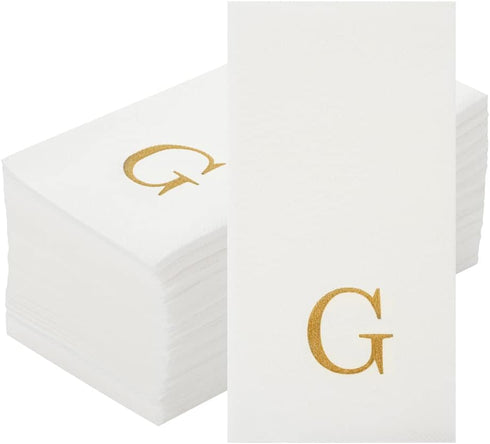 15.8 7.9 Inch 50 Luxenap X Linen-Feel Guest Towels, Lettered Hand Towels - Gold Letter 'G', Sans Serif Font, White