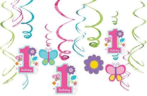 Amscan Foil Swirl Decorations - 1st Birthday Girl, Flowers and Butterflies Collection, 12 Pieces