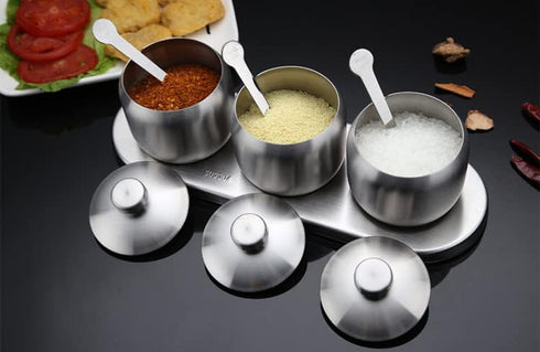 TENTA KITCHEN TENT 18/8 Stainless Steel Seasoning Containers Set, Spice Rack with 3 Serving Spoons