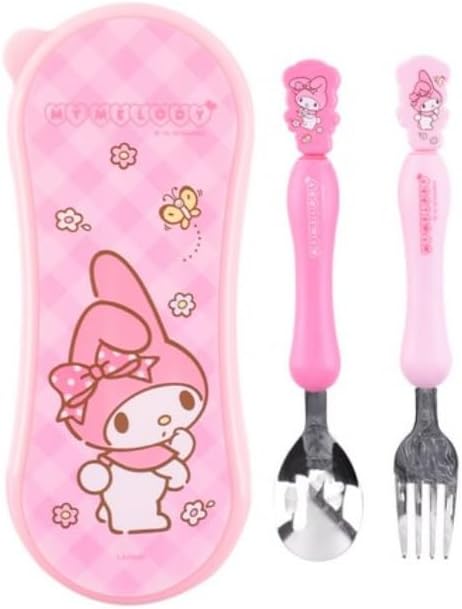 Cute Pink Melody Fork and Spoon Set - Flatware with Case, Tableware Set with Cute Figure, Medium Size