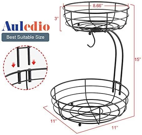 Auledio 2-Tier Countertop Fruit Vegetables Basket Bowl Storage with Banana Hanger, Black, 64 ounces