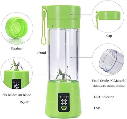 Portable Personal Mixer, USB Rechargeable Mini Blender for Smoothies, Fruit Juice, Milk Shakes, 380ml, Green
