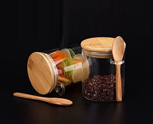 123Arts Glass Container Sugar Bowl, Spice Jar Food Storage with Wooden Lid and Spoon