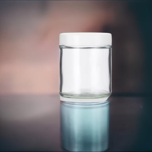 4 oz / 120 ml Clear Thick Glass Straight Sided with White Smooth Lid, 12 pack + Small Glass Balm Jar