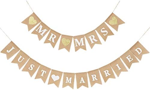 2 Pieces Mr and Mrs Banner, Just Married Burlap Wedding Bridal Shower Garland for Party