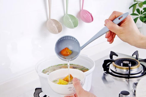 2 In 1 Kitchen Ladle Soup Pan Spoon with Filter Strainer, Blue