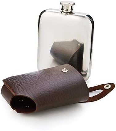 Viski Stainless Steel Flask with Traveling Case, Leather Wrap, 5oz, Brown