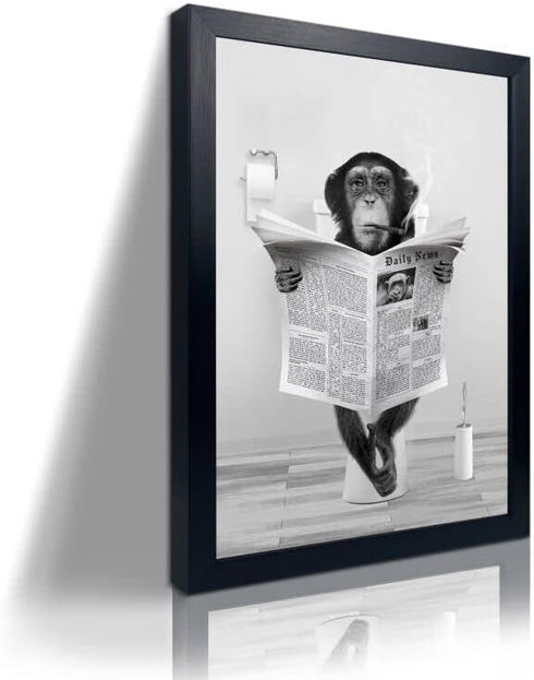 Funny Monkey Framed Wall Art in Bathtub - Black and White Canvas Prints for Farmhouse Bathroom Decor (12"x16", Framed)