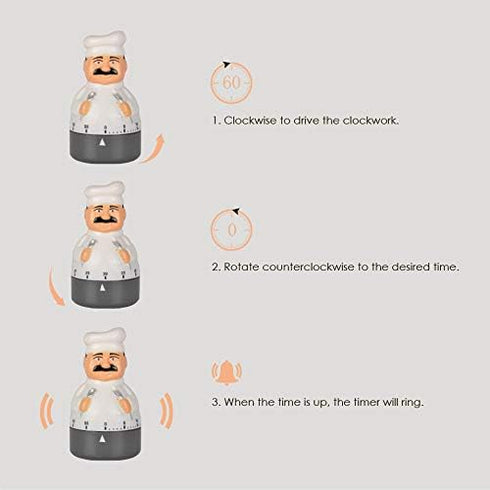Kitchen Timer | 60 Minutes Countdown Mechanical Timer | Chef Shaped Alarm Clock for Cooking, Baking, Kids