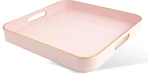 Gifturbo Pink Square Decorative Tray,Serving Tray with Handles with Gold Trimming Plastic