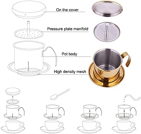 Stainless Steel Drip Coffee Filter Maker, Vietnamese Style Infuser, Ideal for Home/On-the-Go (Gold)