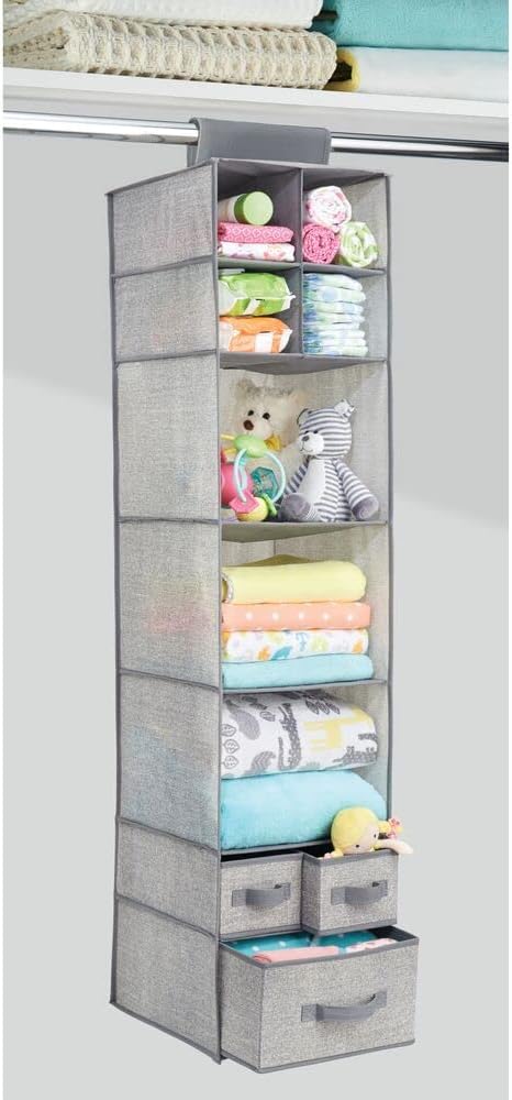 Closet 7 Shelves/3 mDesign Fabric Hanging Organizer - Over Rod Storage - Removable Drawers for Baby Nursery Bedroom