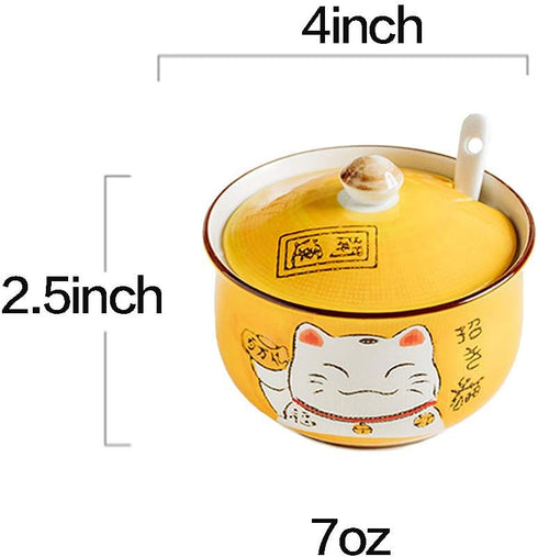 Ceramic Japanese Lucky Cat Sugar Bowl Salt Storage Jar with Lid and Spoon by MISS TUTU