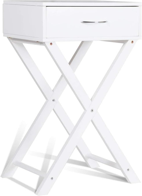 Table(1,White) Giantex Nightstand with Drawer X-Shaped Design Sofa Side Table for Living Room Bedroom Accent Furniture