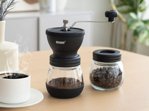 Manual Coffee Grinder with Burr, Coffee Bean Grinder for Espresso, French Press, Includes 2 Glass Jars and Brush