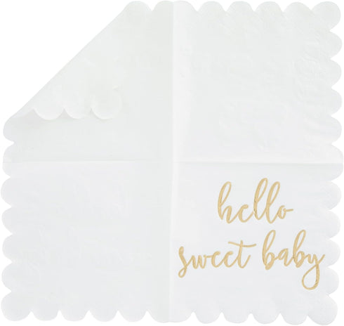 50 Pack White Scalloped Napkins 5x5 Inch with Gold Foil Hello Sweet Baby - Gender Neutral Baby Shower Table Decor for