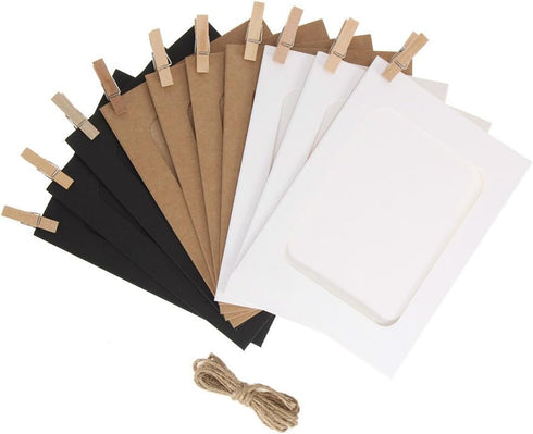 AKOAK 30 Pcs DIY Kraft Paper Cardboard Photo Frame with Wooden Clips and String - 5" x 7" in White/Black/Brown