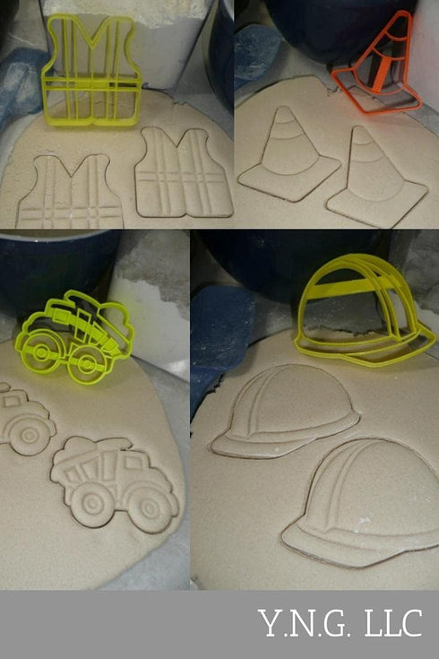 CONSTRUCTION WORKER EQUIPMENT SAFETY GEAR SET OF 4 COOKIE CUTTERS BAKING TOOL 3D PRINTED MADE IN USA PR1557 Multicolor by YNGLLC
