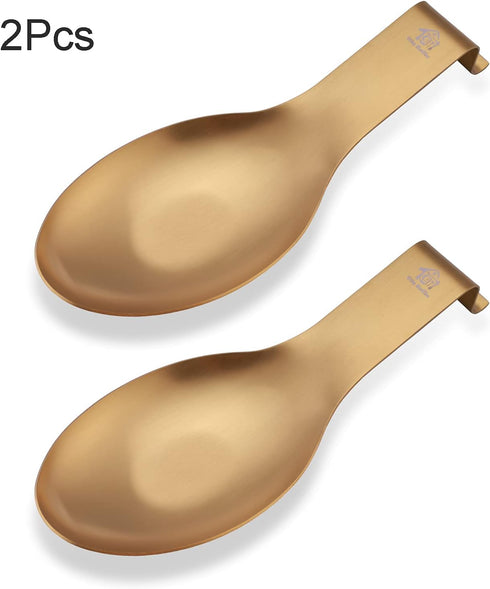 Stainless Steel Spoon Rest for Kitchen Spoon Holder Counter Cooking Utensil Rest Spoon Heavy Duty Dishwasher Safe 2pcs (Gold)