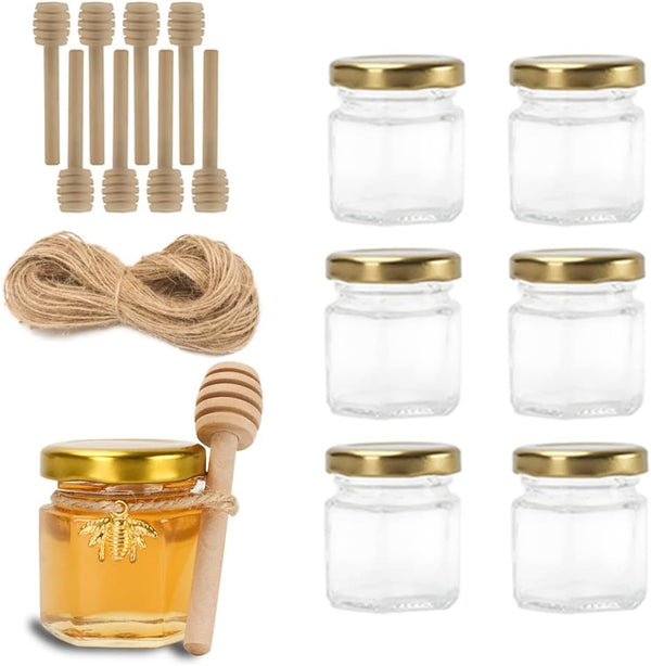 1.5oz 6Pack Mini Glass Hexagon Jars with Gold Lids, Bee Charms, Honey Dipper Sticks for Party Favors