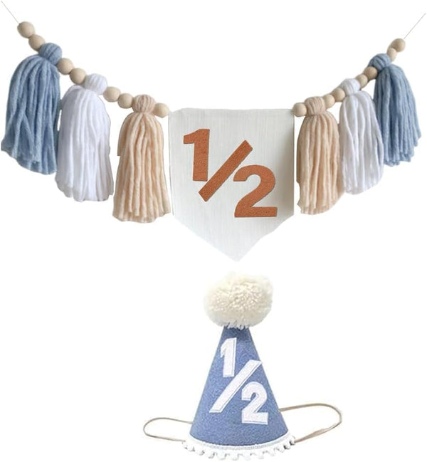 E0EHOHC Half Birthday Decorations for Baby Boy Blue Handmade 1/2 High Chair Banner