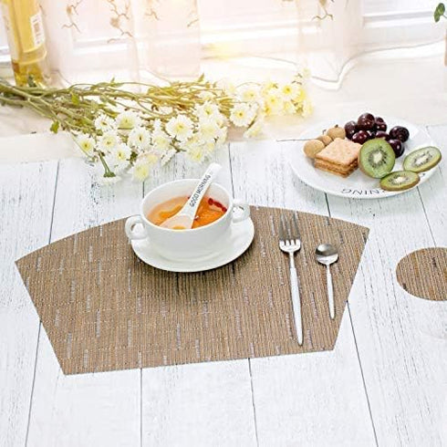 SHACOS Round Table Placemats Set of 4 - Wedge Shape Woven Vinyl Place Mats, Heat Resistant, Tan