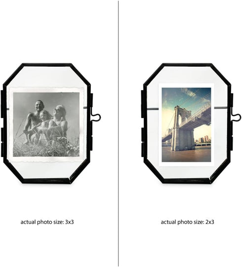 Isaac Jacobs 3.5x5 Vintage Style Octagon Brass & Glass Floating Picture Frame, Tabletop Display, Locket Closure