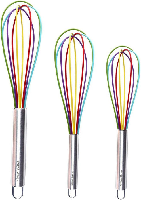 Silicone Whisk Set, Non-Scratch Set of 3, Mini & Small Sizes, Stainless Steel Whisk