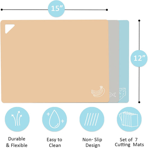 7 Pieces Plastic Flexible Cutting Boards for Kitchen, Non Slip Cutting Mats with Food Icons, Easy-Grip Handles, BPA- Free, 15"x12" by CHEODIN