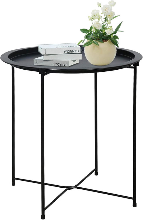 Garden 4 you End Table Metal Side Table Black Round Folding Tray